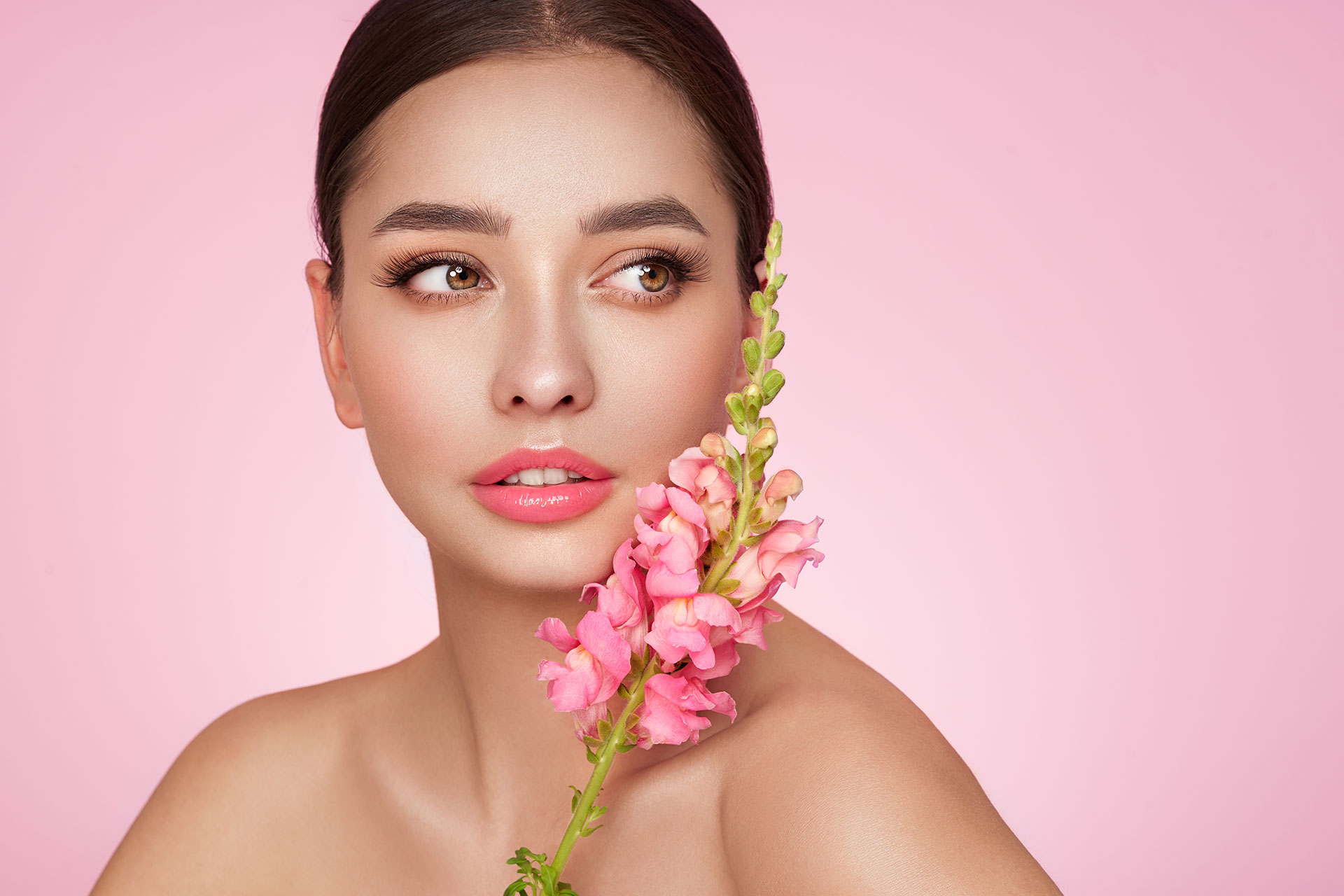 Beautiful Young Woman With A Pink Larkspur Flower 2022 08 14 01 29 05 Utc