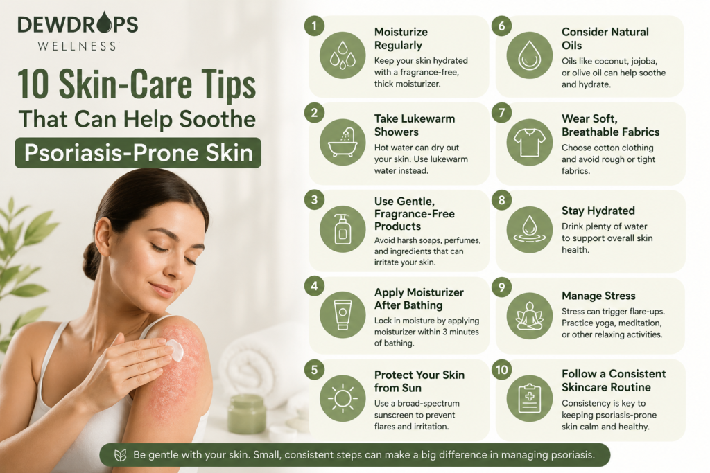 Infographic showing 10 skincare tips to help soothe psoriasis-prone skin by Dewdrops Wellness.