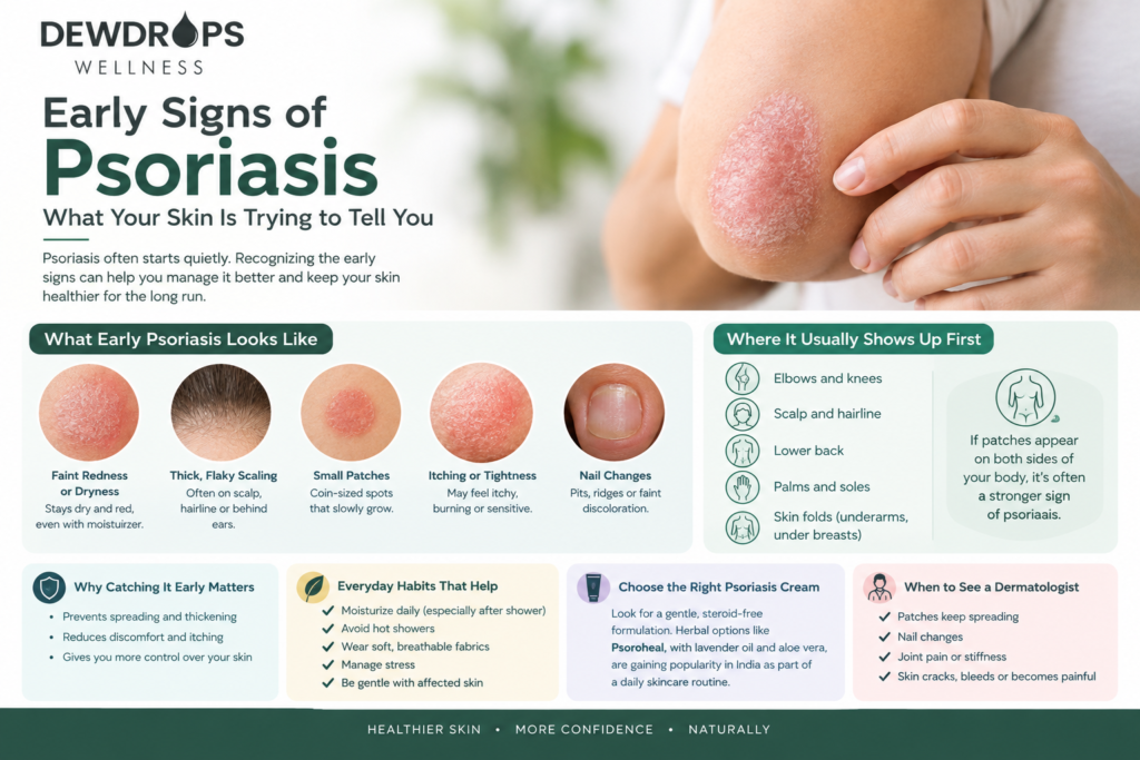 Early signs of psoriasis infographic showing symptoms, affected areas, skincare tips, and when to see a dermatologist