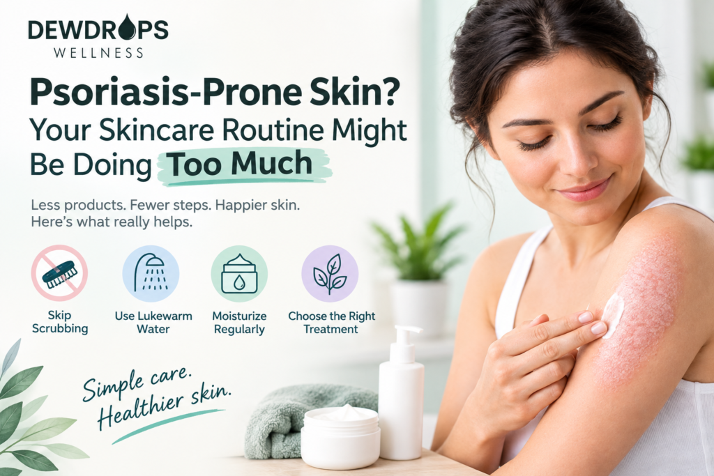 Psoriasis-prone skin skincare routine with Dewdrops Wellness