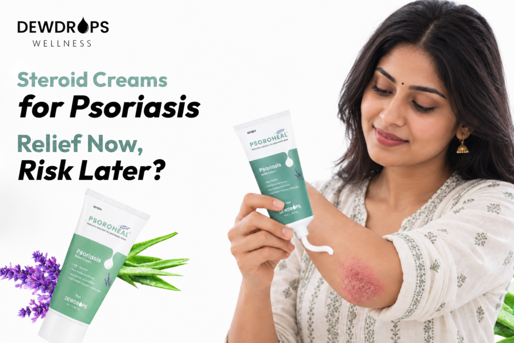Woman applying Psoriasis Relief Cream for dry, irritated and scaly skin
